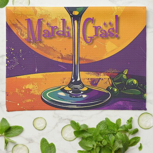 Mid Century Mardi Gras Sunset Fleur De Lis Martini キッチンタオル (折り畳み)