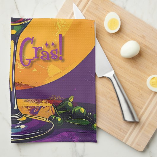 Mid Century Mardi Gras Sunset Fleur De Lis Martini キッチンタオル (四つ折り)
