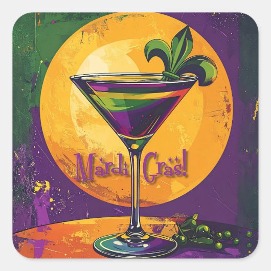 Mid Century Mardi Gras Sunset Fleur De Lis Martini スクエアシール (正面)