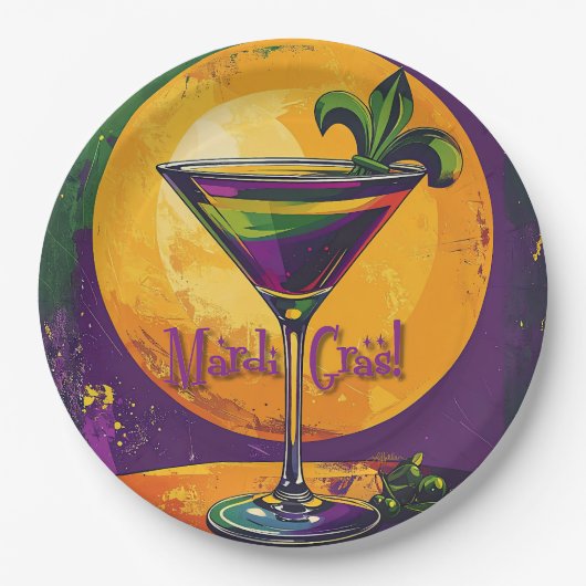 Mid Century Mardi Gras Sunset Fleur De Lis Martini ペーパープレート (正面)
