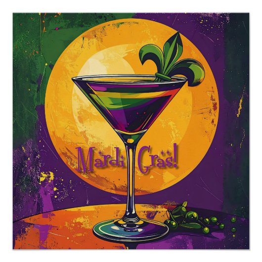 Mid Century Mardi Gras Sunset Fleur De Lis Martini ポスター (正面)