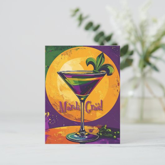 Mid Century Mardi Gras Sunset Fleur De Lis Martini ポストカード (スタンド正面)