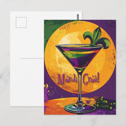 Mid Century Mardi Gras Sunset Fleur De Lis Martini ポストカード (正面/裏面)