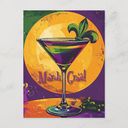 Mid Century Mardi Gras Sunset Fleur De Lis Martini ポストカード (正面)