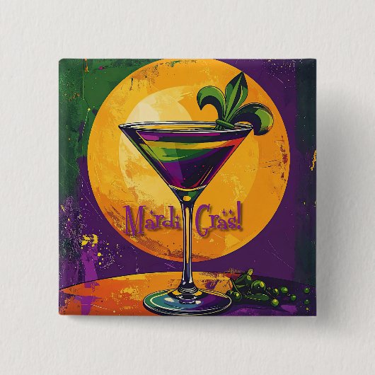 Mid Century Mardi Gras Sunset Fleur De Lis Martini 缶バッジ (正面)