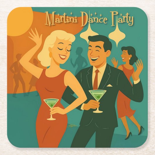 Mid Century Martini Dance Party スクエアペーパーコースター (正面)
