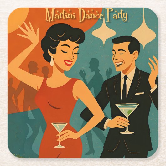 Mid Century Martini Dance Party スクエアペーパーコースター (正面)