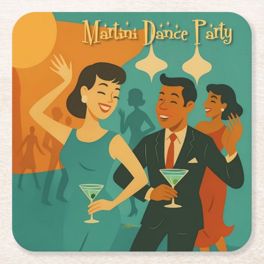 Mid Century Martini Dance Party スクエアペーパーコースター (正面)