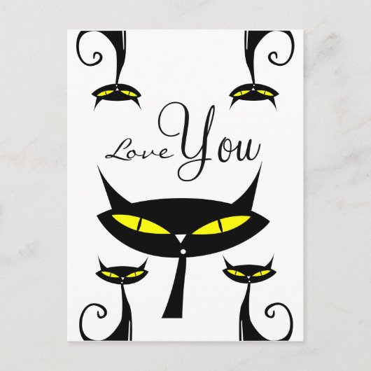Mid Century Modern 1950s Atomic Black Cat Love You ポストカード (正面)