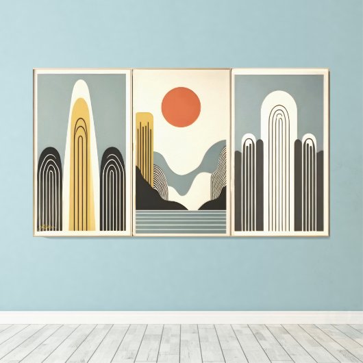 Mid Century Modern Art Mountain Lake Sunrise キャンバスプリント (インサイチュ (ウッドフロア))