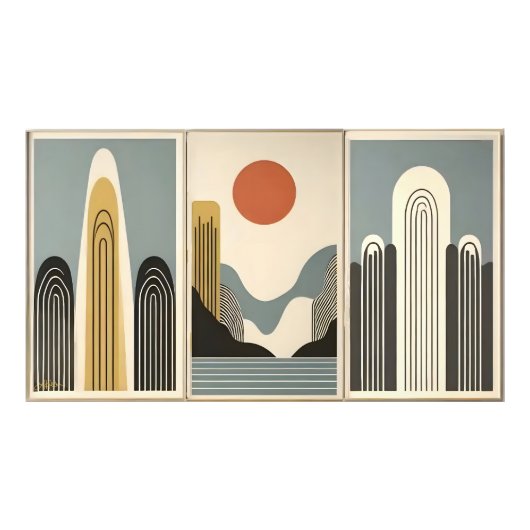 Mid Century Modern Art Mountain Lake Sunrise フォトプリント (正面)