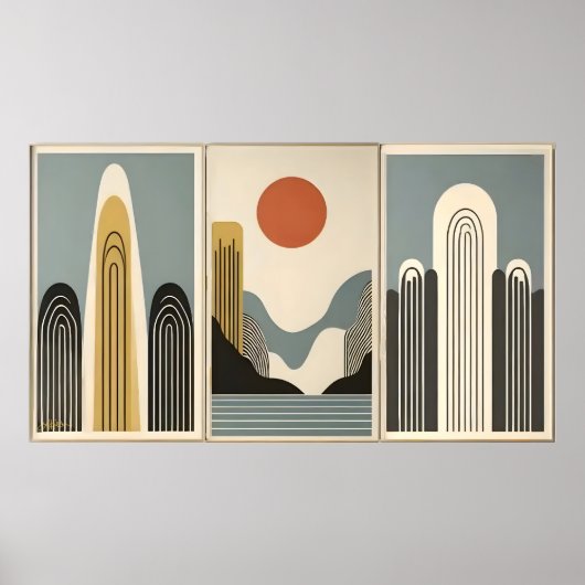 Mid Century Modern Art Mountain Lake Sunrise ポスター (正面)