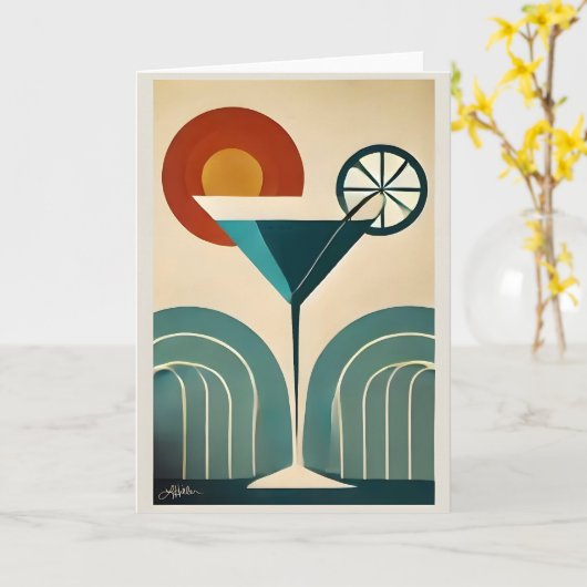 Mid Century Modern Art Mountain Sunrise Martini カード (黄色い花)