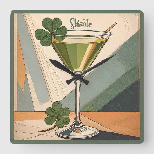 Mid Century Modern Art Shamrock Martini Sláinte!  スクエア壁時計 (正面)