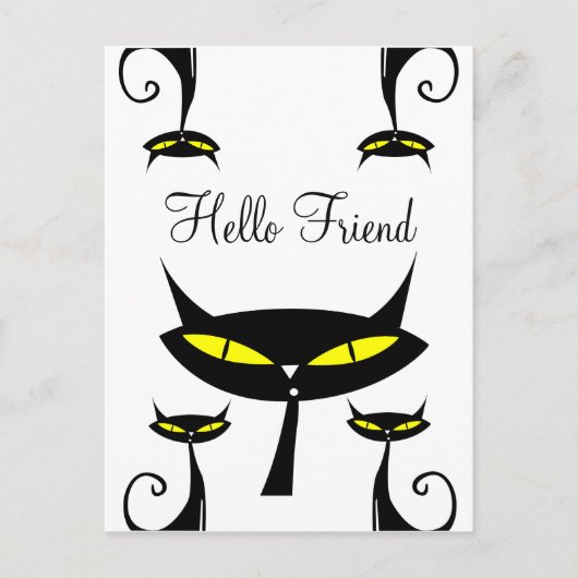 Mid Century Modern Atomic Black Cat Hello Friend ポストカード (正面)
