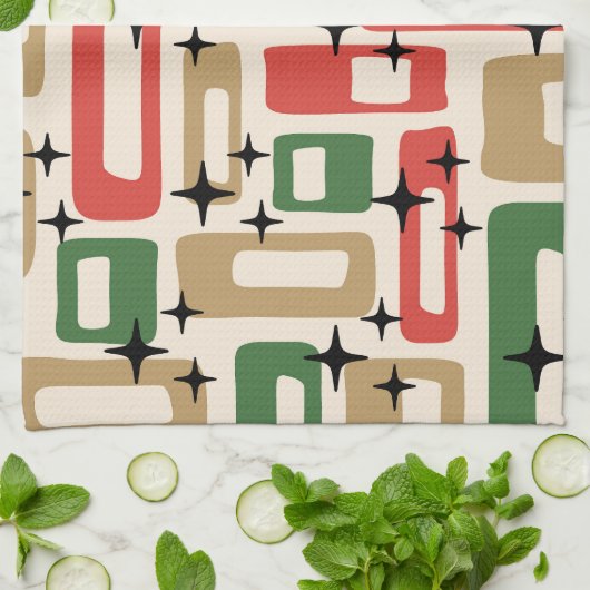 Mid Century Modern Atomic Christmas キッチンタオル (折り畳み)