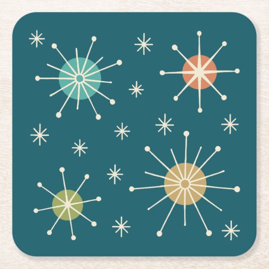 Mid Century Modern Atomic Starburst Pattern スクエアペーパーコースター (正面)