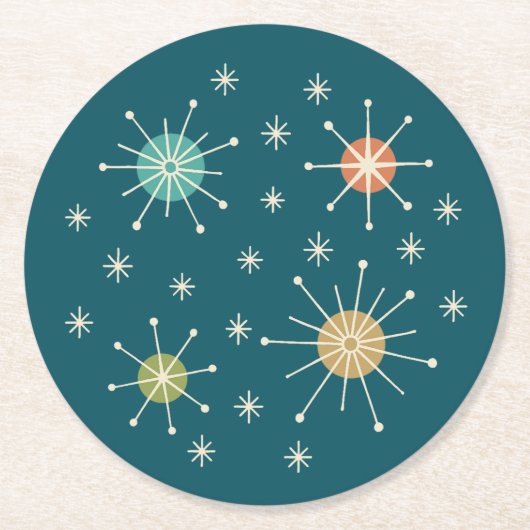 Mid Century Modern Atomic Starburst Pattern ラウンドペーパーコースター (正面)