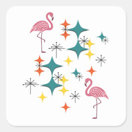 Mid Century Modern Atomic Starburst Pink Flamingos スクエアシール