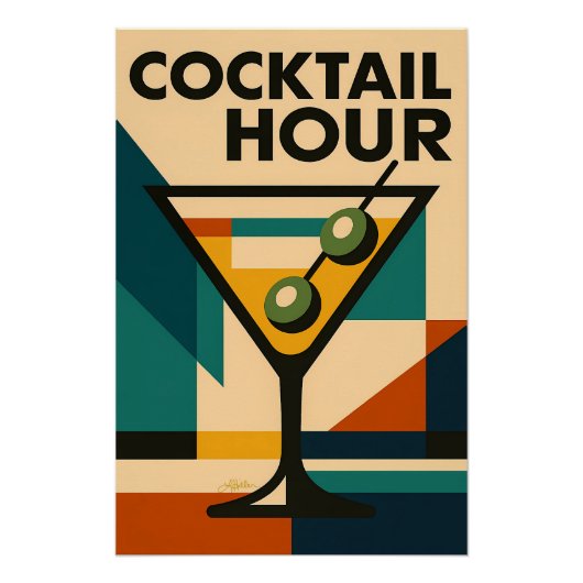 Mid Century Modern Bauhaus Cocktail Hour Martini ポスター (正面)