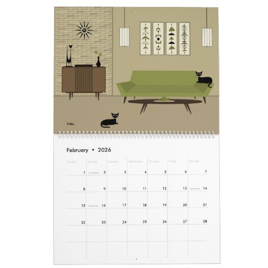 Mid Century Modern Black Cats カレンダー (2月 2026)