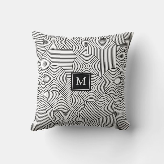 Mid Century Modern Black White Monogrammed Initial クッション (裏面)