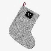 Mid Century Modern Black White Monogrammed Initial ラージクリスマスストッキング (正面 (吊り時))