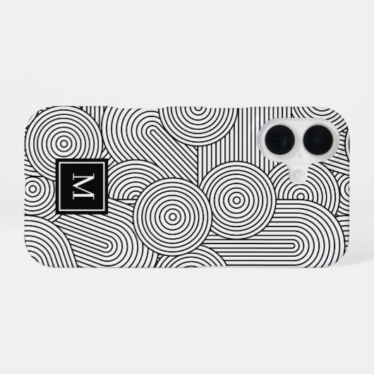 Mid Century Modern Black White Monogrammed Initial iPhone 16ケース (裏面横)