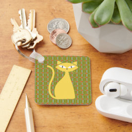 Mid Century Modern Cat on Geometric Pattern キーホルダー