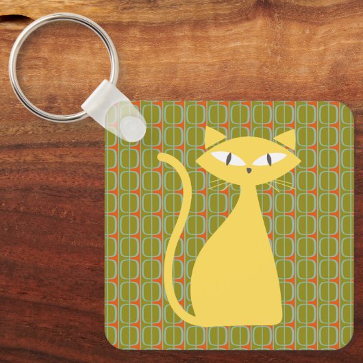 Mid Century Modern Cat on Geometric Pattern キーホルダー (正面)