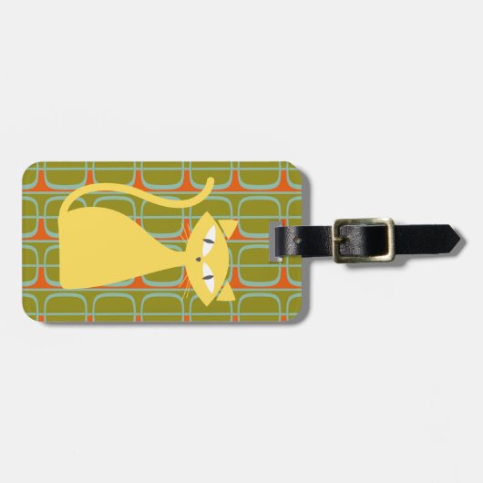 Mid Century Modern Cat on Geometric Pattern ラゲッジタグ (正面横)