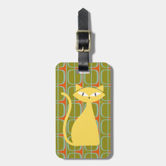 Mid Century Modern Cat on Geometric Pattern ラゲッジタグ (正面縦)
