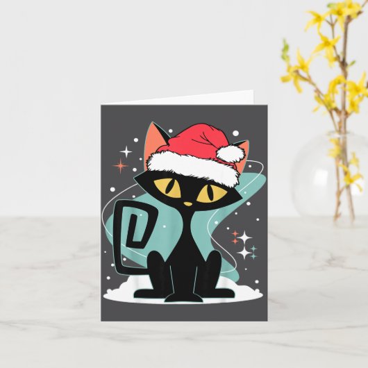 Mid Century Modern Cat Santa Hat Christmas 70s Ret カード (黄色い花)