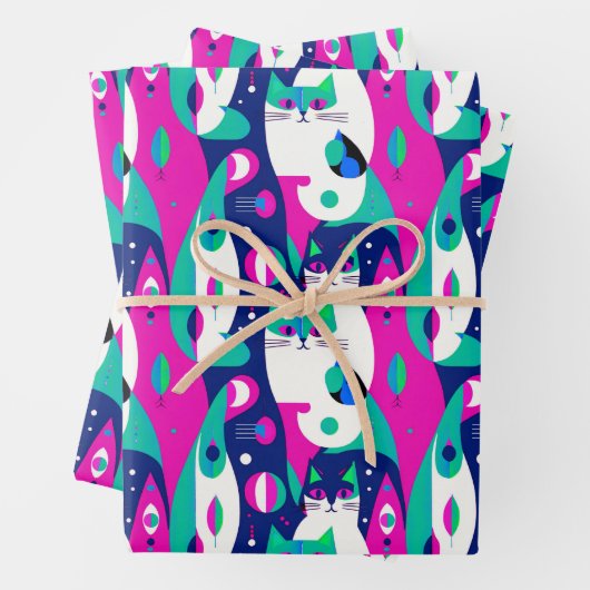  Mid-Century Modern Cats on a Dark Blue Background ラッピングペーパーシート (インサイチュ)