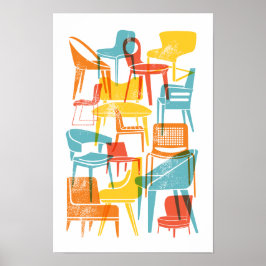 Mid-Century Modern Chairs in Bright Vintage Colors ポスター