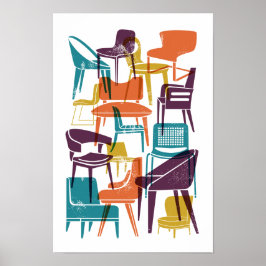 Mid-Century Modern Chairs in Retro Bright Colors ポスター