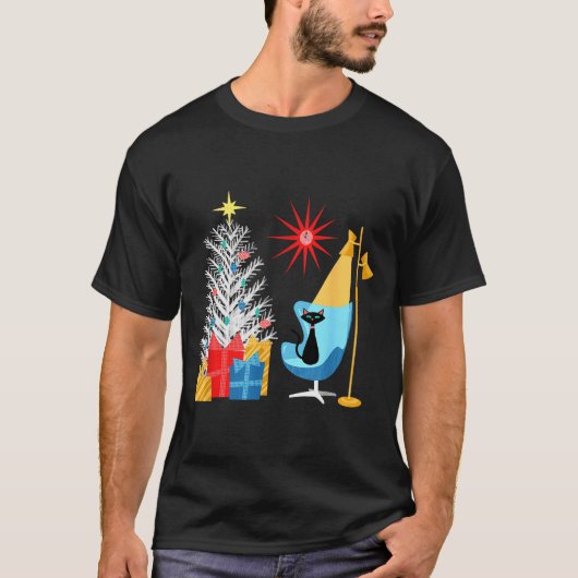 Mid-century Modern Christmas Tree And Cat In Retro Tシャツ (正面)