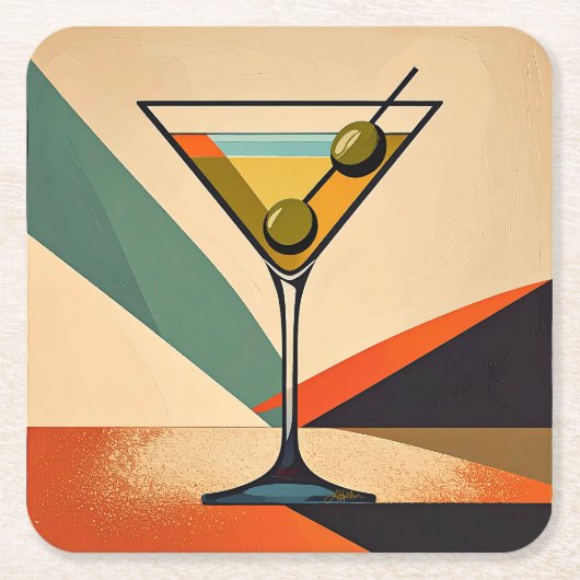 Mid Century Modern Color Block Martini Art スクエアペーパーコースター (正面)