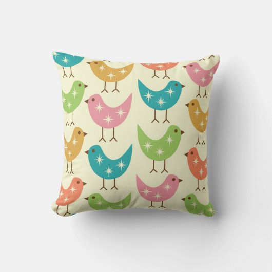 Mid Century Modern Colorful Atomic Birds Pattern  クッション (正面)