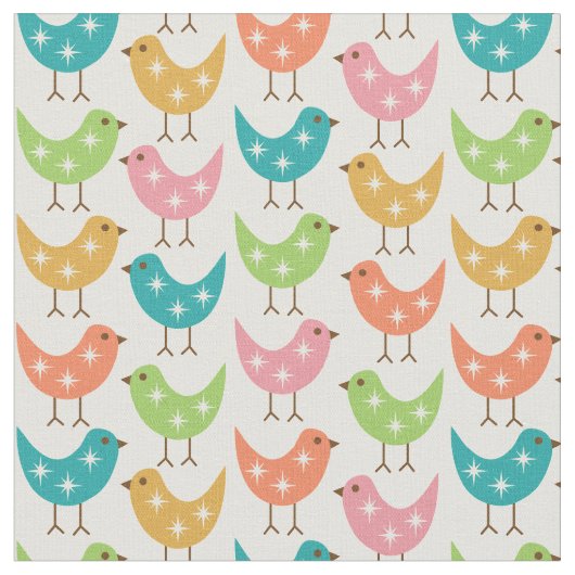 Mid Century Modern Colorful Atomic Birds Pattern ファブリック (クローズアップ)