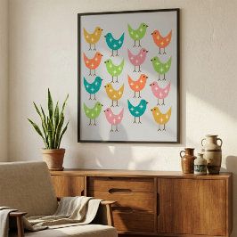Mid Century Modern Colorful Atomic Birds Pattern  ポスター