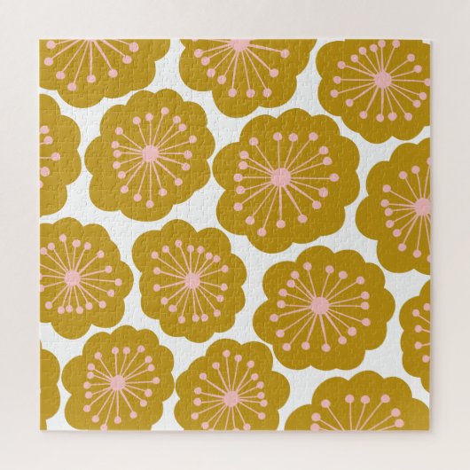 Mid Century Modern Floral Flower Pattern Mustard ジグソーパズル (縦)