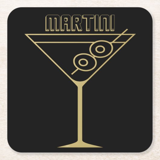 Mid Century Modern Gold 2 Olive Martini スクエアペーパーコースター (正面)