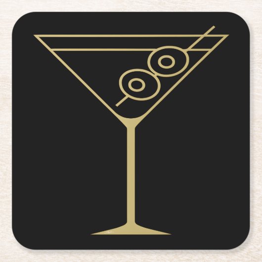 Mid Century Modern Gold 2 Olive Martini スクエアペーパーコースター (正面)