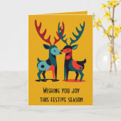 Mid-Century Modern Kitschy Christmas Reindeer カード (黄色い花)