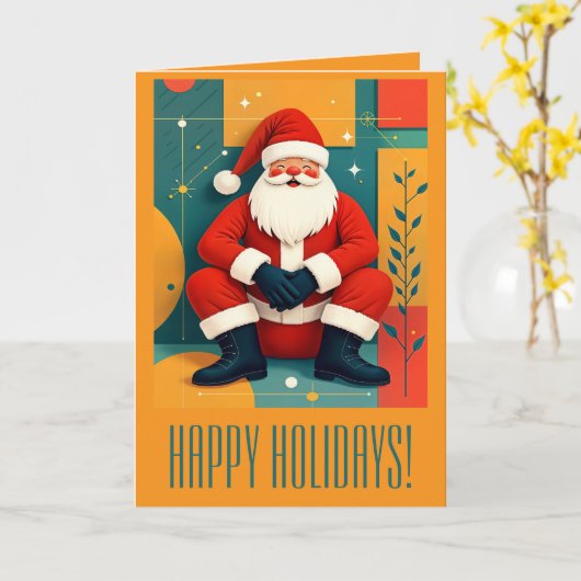 Mid-Century Modern Kitschy Santa Claus カード (黄色い花)