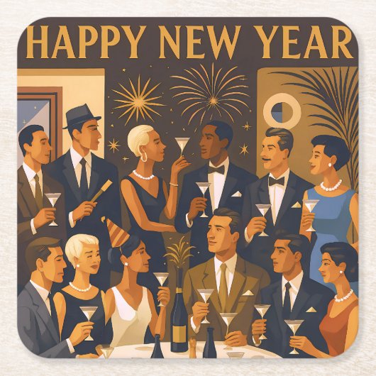 Mid Century Modern Martini Intellectuals New Year スクエアペーパーコースター (正面)