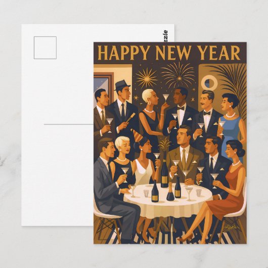 Mid Century Modern Martini Intellectuals New Year ポストカード (正面/裏面)