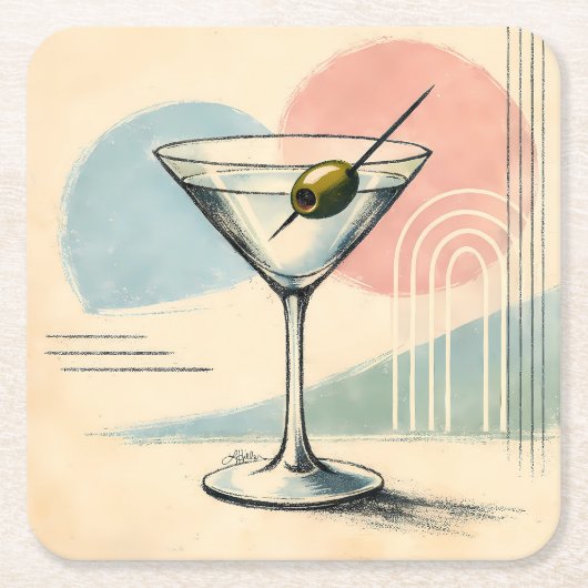 Mid Century Modern Martini Pastel Minimalist Art スクエアペーパーコースター (正面)