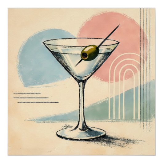 Mid Century Modern Martini Pastel Minimalist Art ポスター (正面)